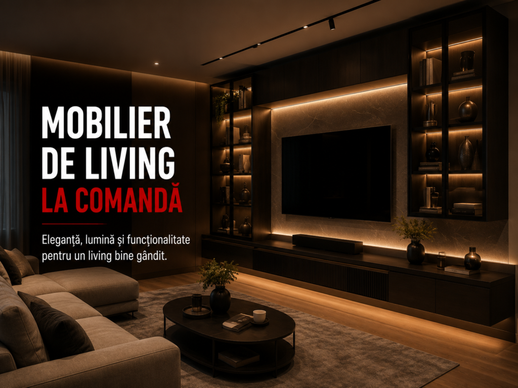 Mobilier de living la comandă în Iași, cu vitrine din sticlă fumurie, iluminare LED integrată și panou decorativ pentru televizor