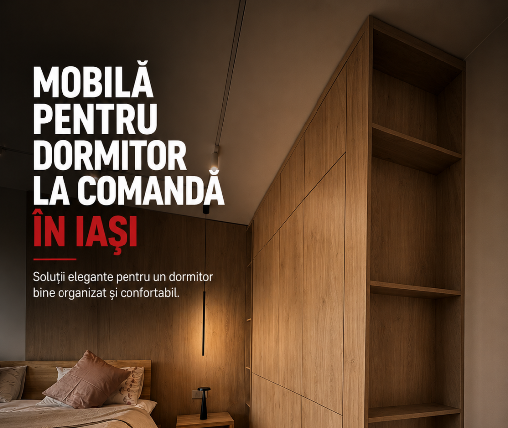 Mobilier pentru dormitor la comandă în Iașim montat in Copou, cu dressing până în tavan și placare decorativă din lemn