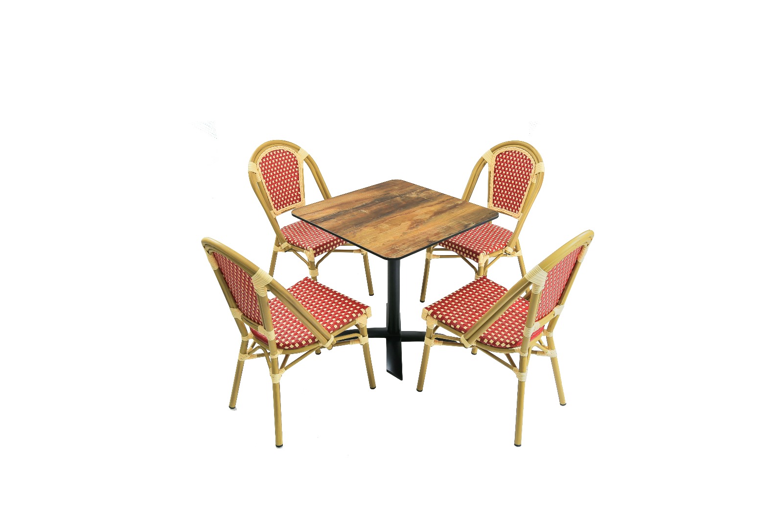 Set 4 scaune textilina rosie + masa rabatabila HPL 12mm