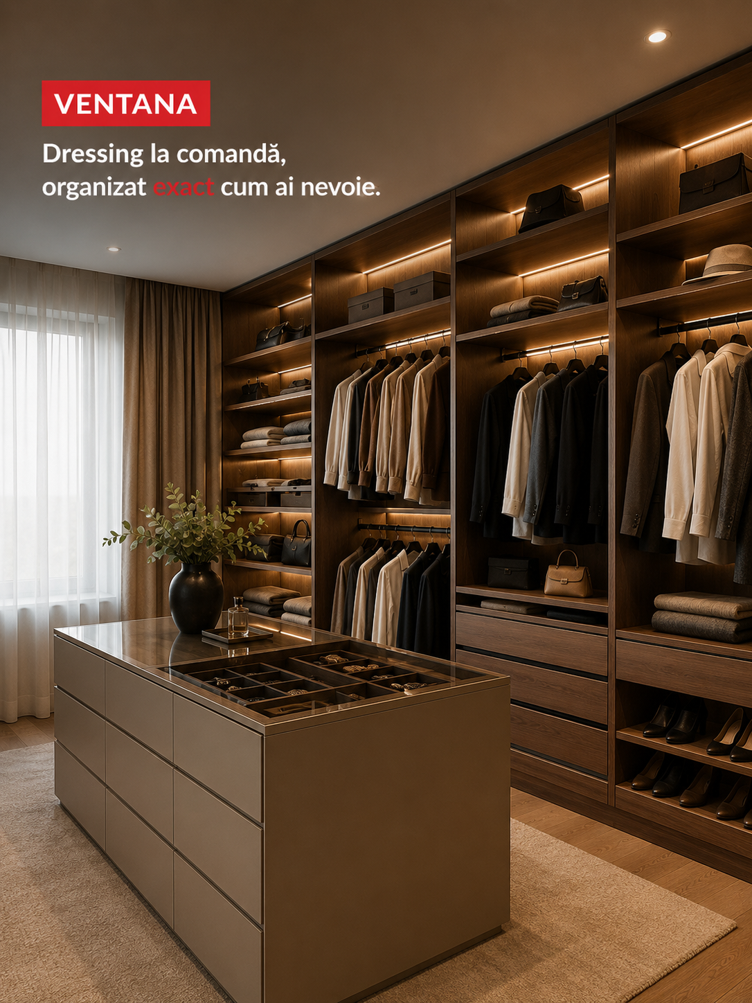 Dressing la comandă modern cu compartimentare inteligentă și iluminare LED