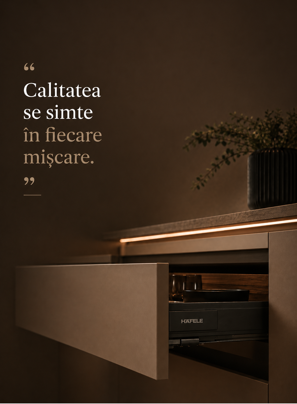 Feronerie Häfele premium pentru mobilier la comandă – glisieră ascunsă cu închidere amortizată