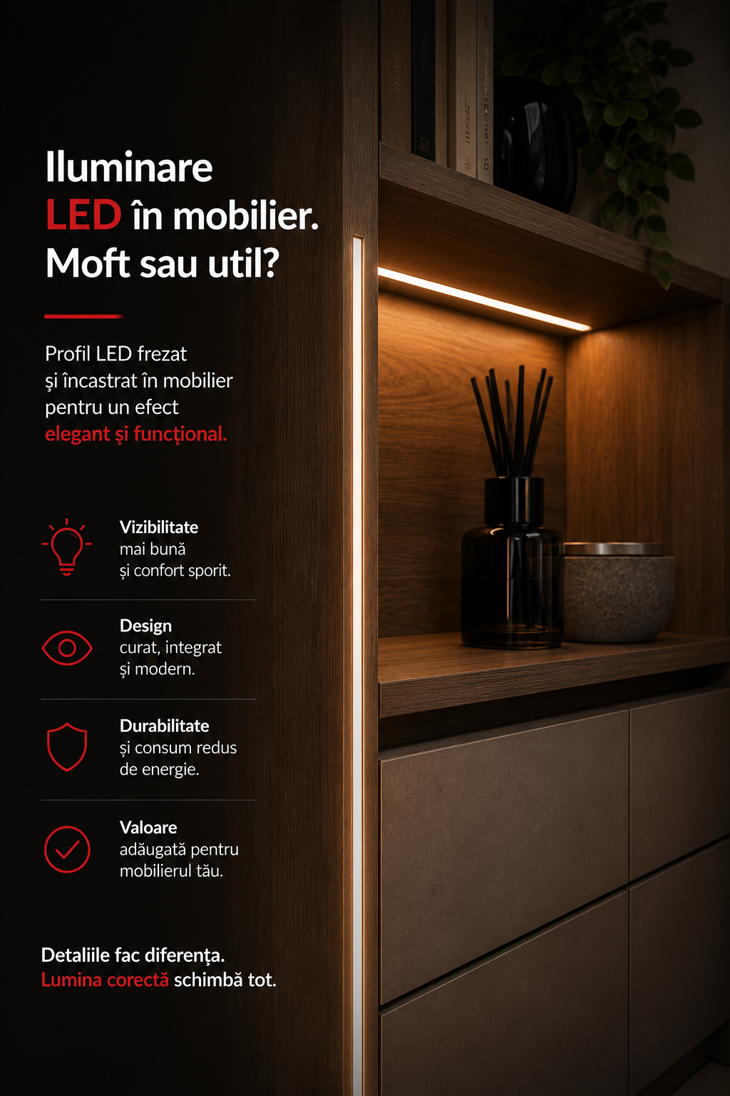 Iluminare LED frezată și încastrată în mobilier – profil LED integrat în mobilier premium