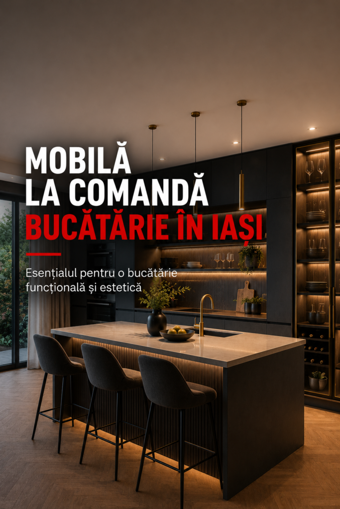 Mobilă bucătărie la comandă în Iași – design modern cu accente roșii și iluminare premium