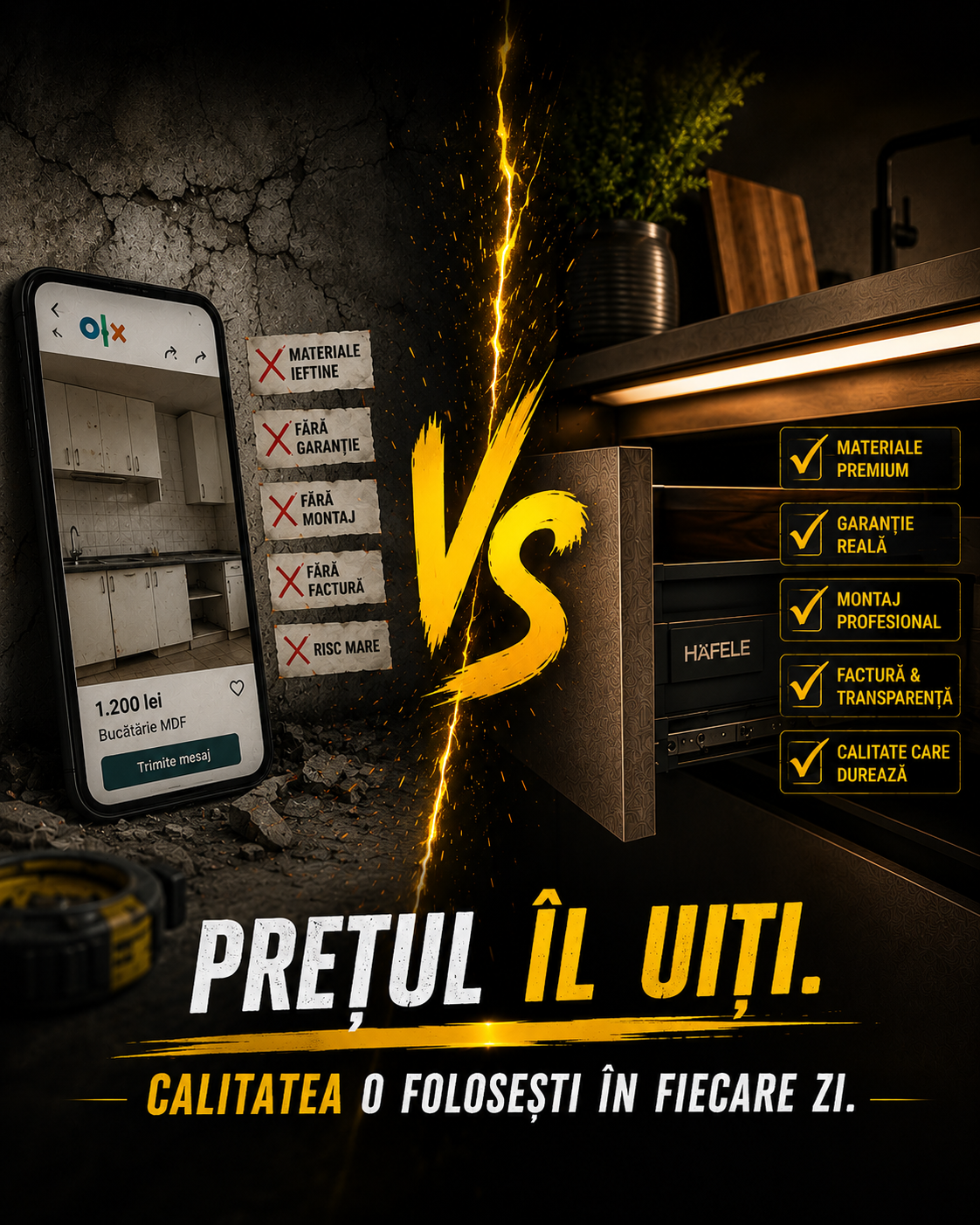 Comparație între mobilier ieftin de tip marketplace și mobilier premium realizat la comandă cu feronerie Häfele