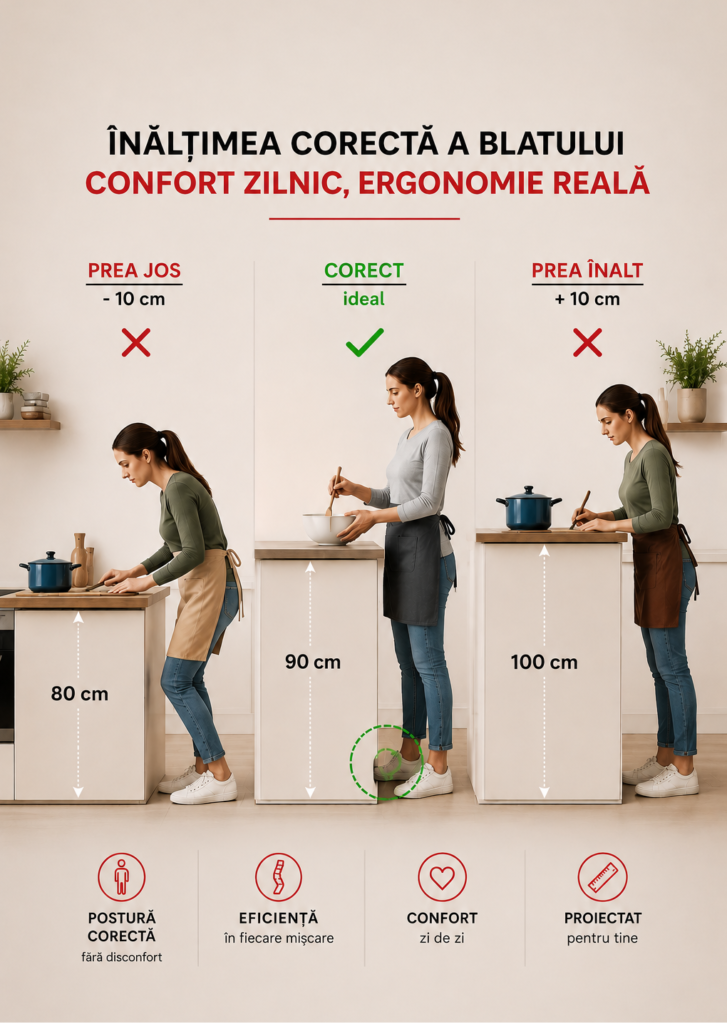 Înălțimea corectă a blatului de bucătărie – comparație ergonomică între 80 cm, 90 cm și 100 cm