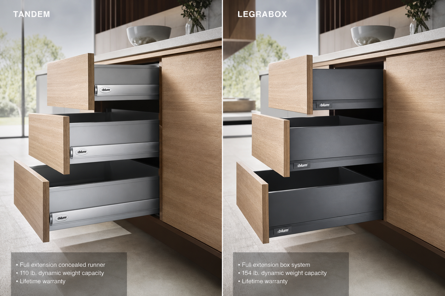 Sertare Blum Tandem vs Legrabox: diferența esențială pentru o bucătărie funcțională