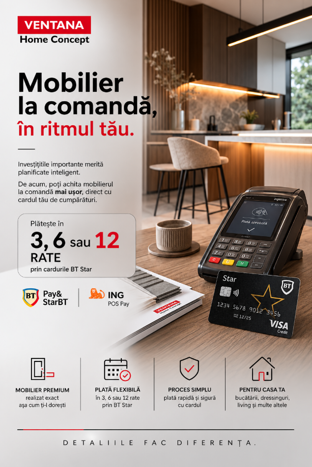 Mobilă la comandă în rate în Iași – bucătărie modernă realizată de Ventana Home Concept, disponibilă în 3, 6 și 12 rate cu cardurile de cumpărături
